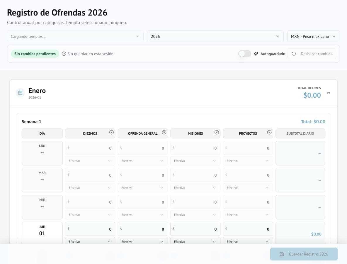 Vista de Registro de ofrendas